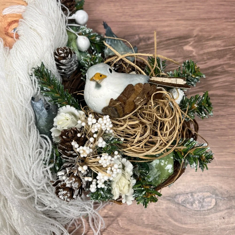 Vintage Santa Claus Wall Hanging Christmas Decor 14 in White Rustic Bird Nest